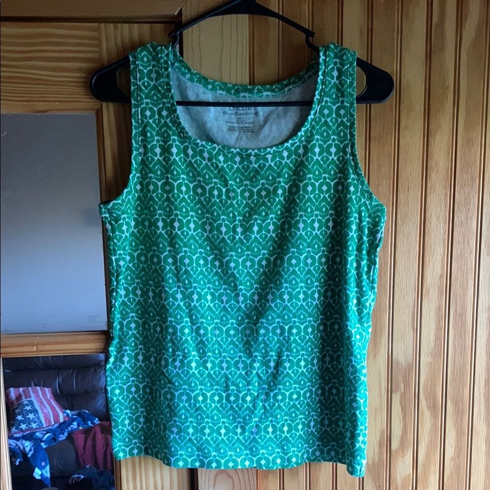 Womens Chico's The Ultimate Tee Sleeveless Shirt Green Geometric Ribbed Tank Top